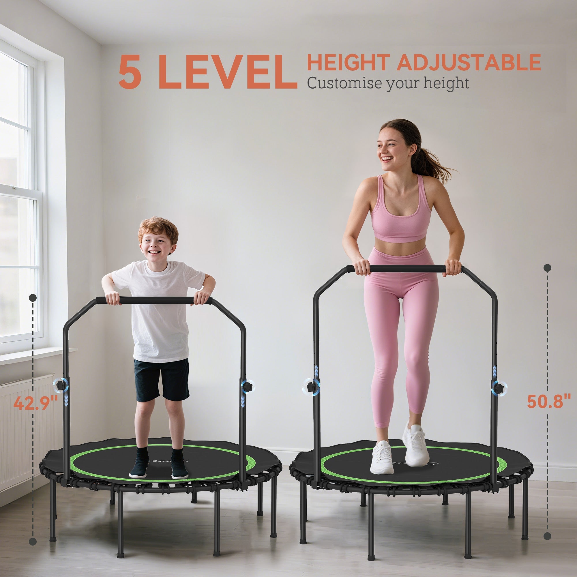 45" Rebounder Trampoline for Adults, Foldable Mini Trampoline with Adjustable Handle Bar for Indoor Outdoor, Green - JELPAZN FITNESS STORE