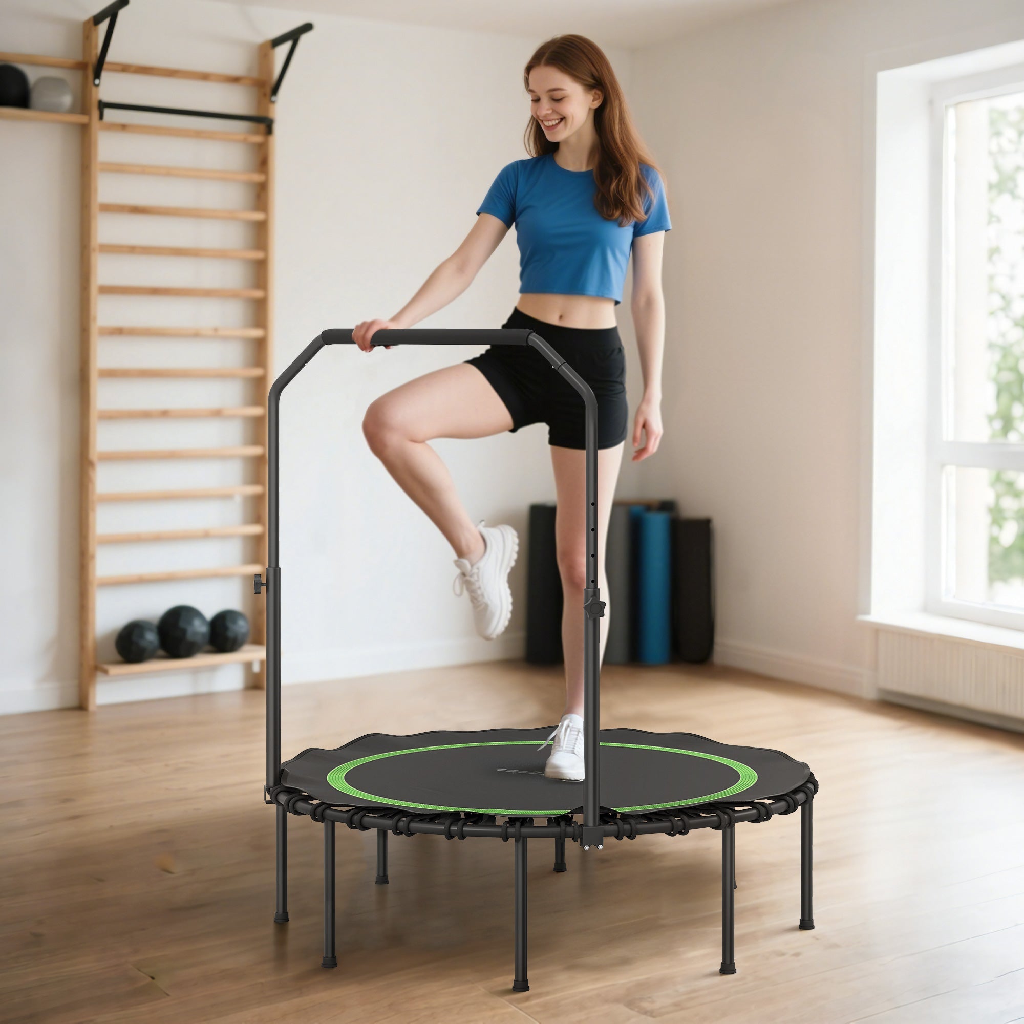 45" Rebounder Trampoline for Adults, Foldable Mini Trampoline with Adjustable Handle Bar for Indoor Outdoor, Green - JELPAZN FITNESS STORE