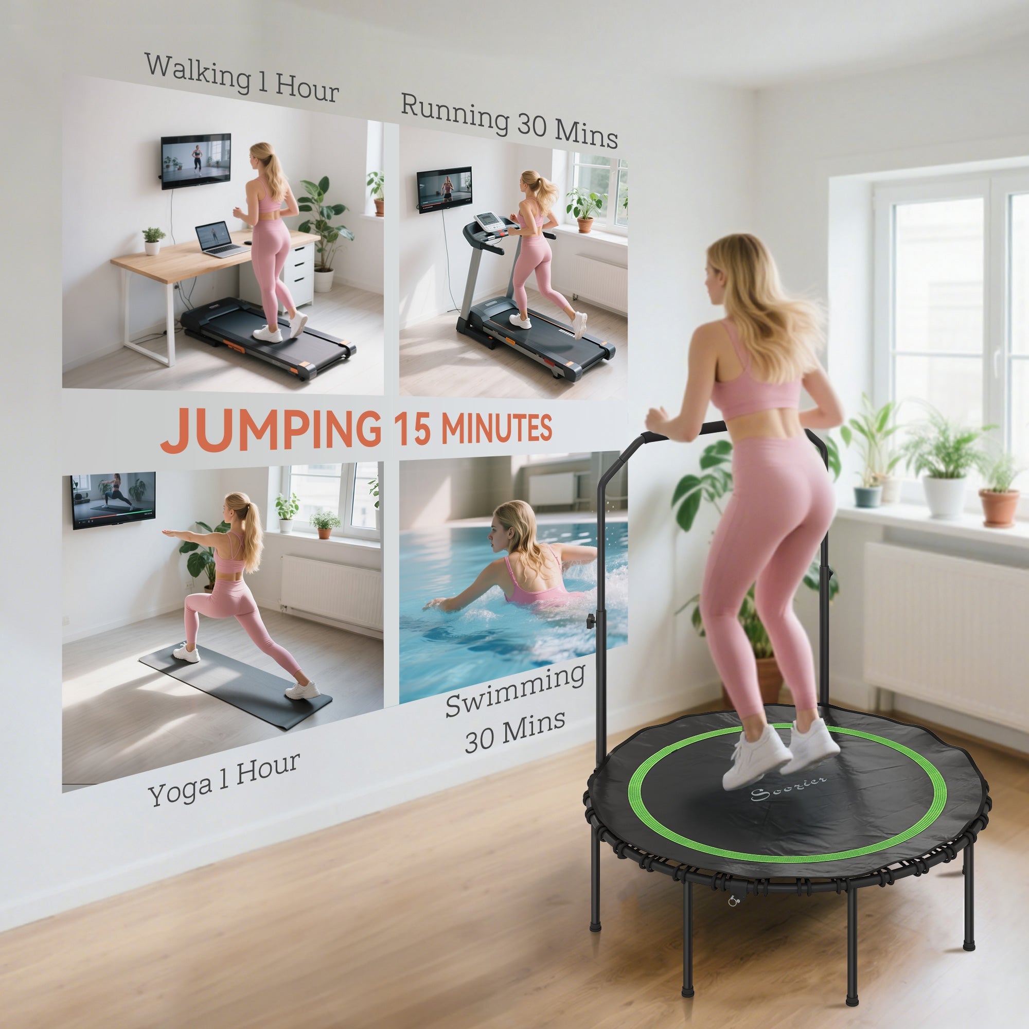 45" Rebounder Trampoline for Adults, Foldable Mini Trampoline with Adjustable Handle Bar for Indoor Outdoor, Green - JELPAZN FITNESS STORE