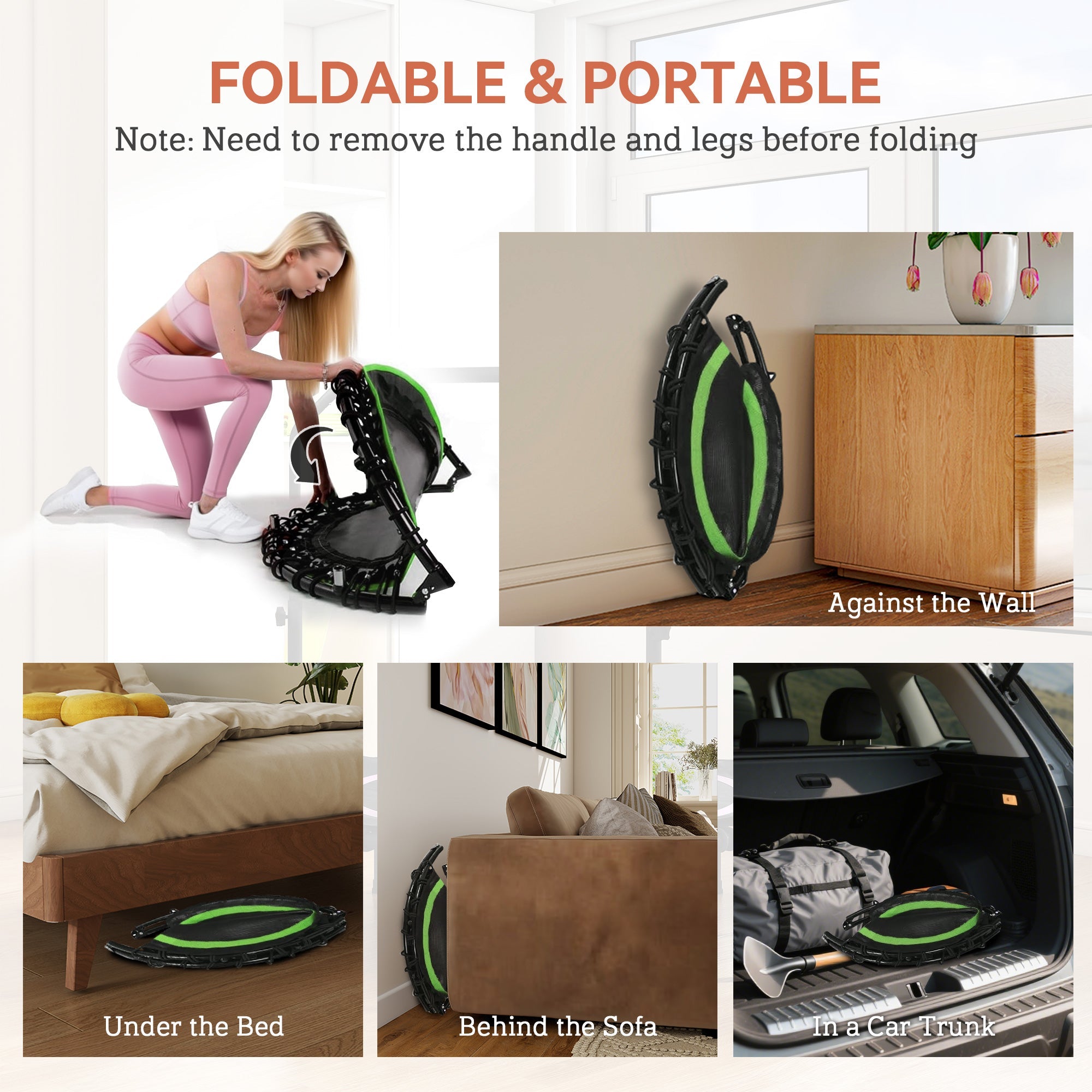 45" Rebounder Trampoline for Adults, Foldable Mini Trampoline with Adjustable Handle Bar for Indoor Outdoor, Green - JELPAZN FITNESS STORE
