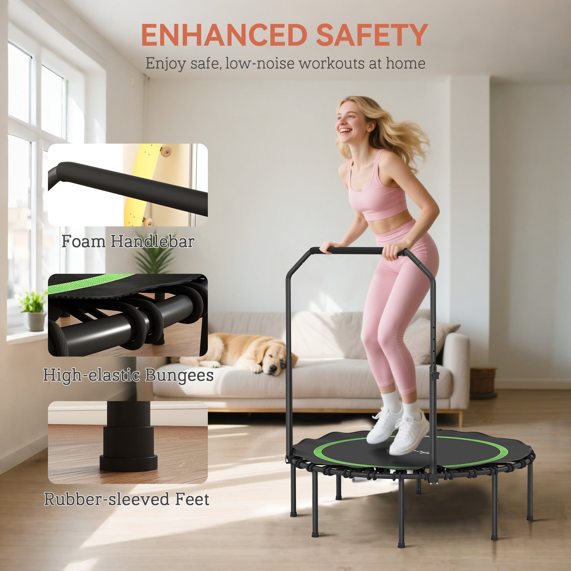 45" Rebounder Trampoline for Adults, Foldable Mini Trampoline with Adjustable Handle Bar for Indoor Outdoor, Green - JELPAZN FITNESS STORE